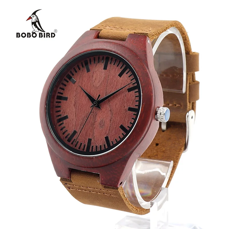BOBO BIRD Red Sandalwood Wooden Watch mens erkek kol saati Quartz Movement Watch with Leather Strap for Men in Gift Box