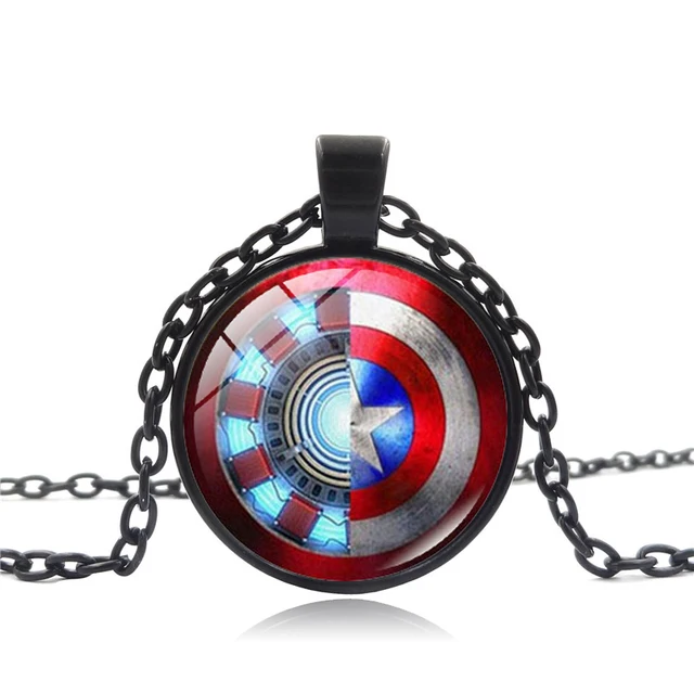 XUSHUI XJ Captain America Shield Pendant Necklace Iron Man Arc Reactor Art Glass Cabochon Superhero Jewelry Black Chain Necklace
