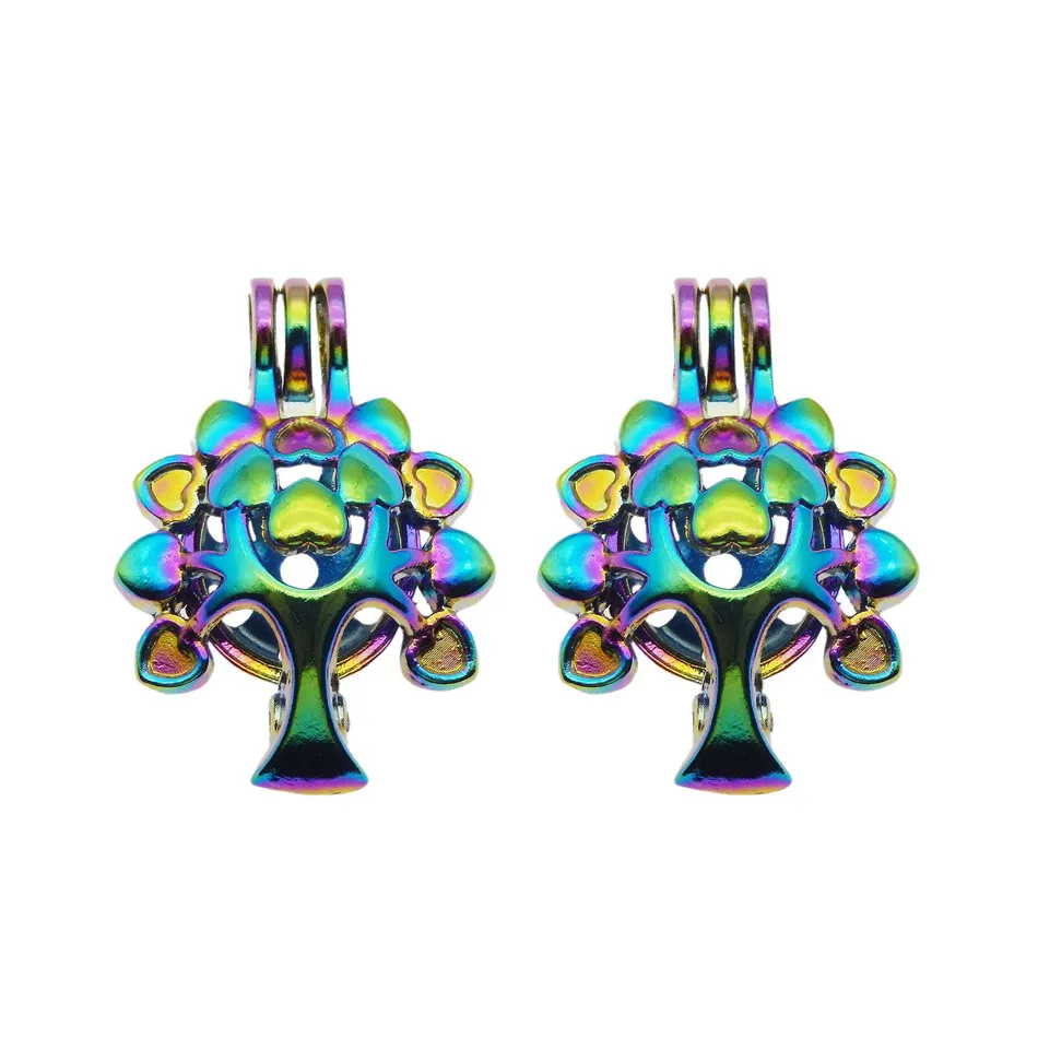 10pcs Rainbow Color Zinc Alloy Pearl Cage Pendants Life Tree Aromatherapy Essential Oil Diffuser Jewelry Necklace DIY Jewelry