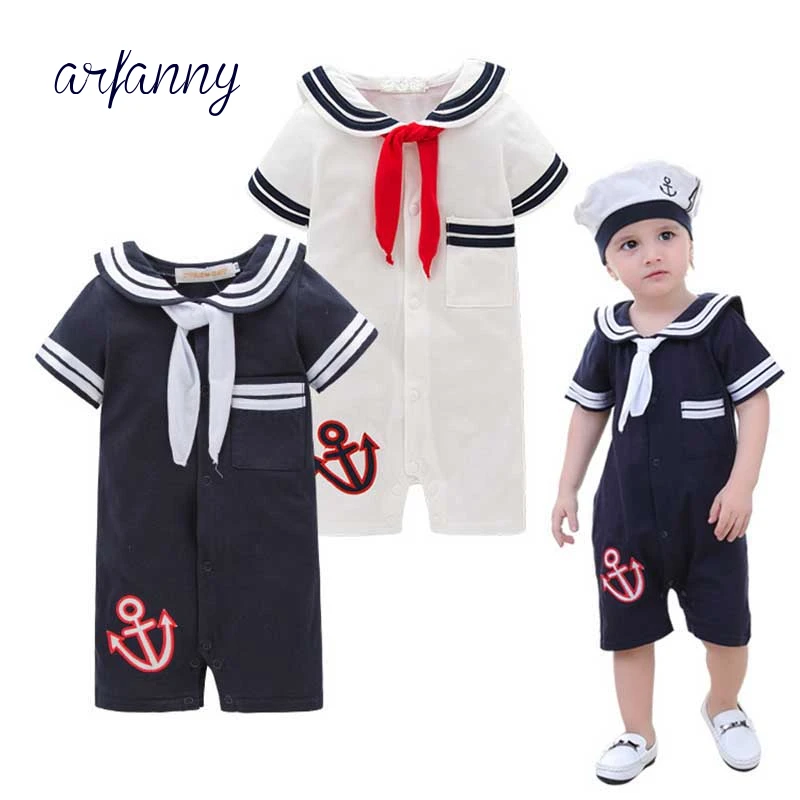 

Baby Boy Clothes babies0-1 Infant Navy Wind onesies Style Romper + Hat Summer Girls baby Cotton Climbing Suit Kid's Wear