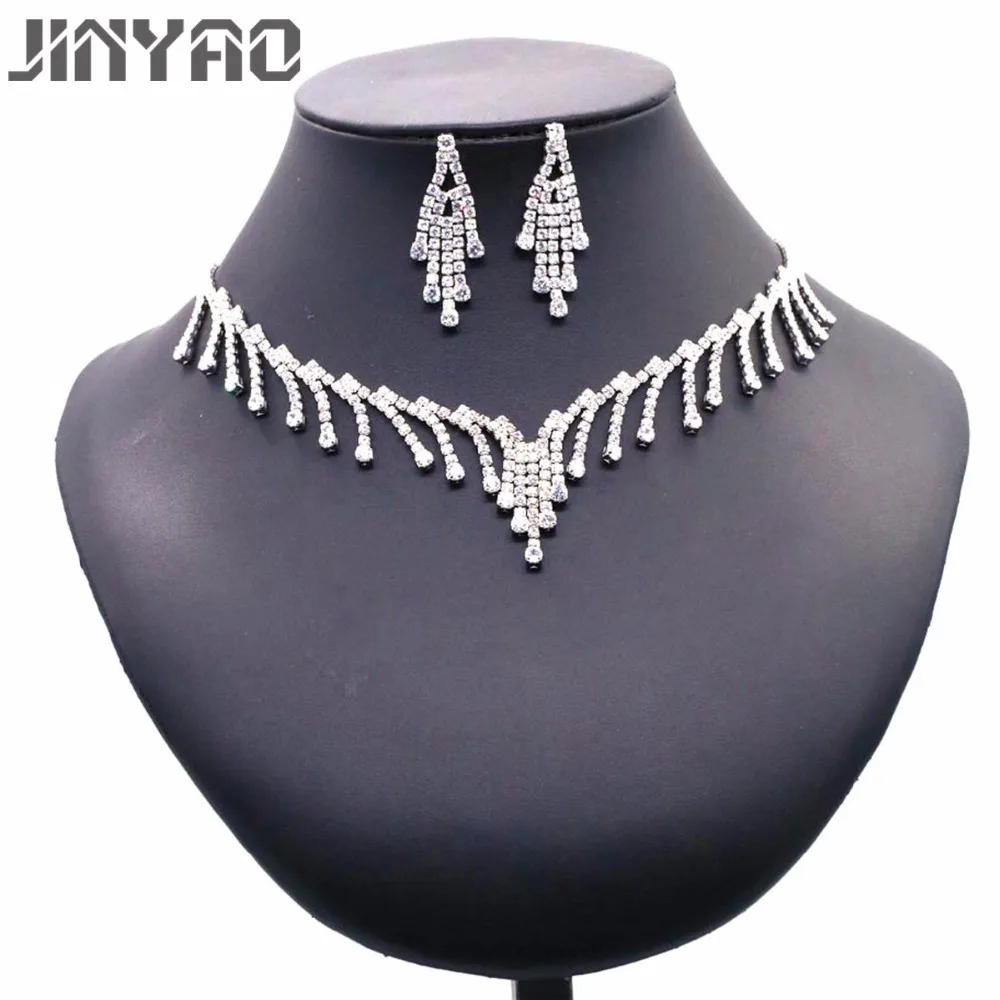 

JINYAO Luxury African Dubai Wedding Jewelry Set for Women White Gold Color Sparkling Zircon Necklace Earrings Bracelet For Bride