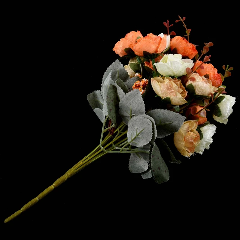 21 голова искусственный шелк Ткань розы цветы поддельные Лист Свадебный букет украшение дома, оранжевый