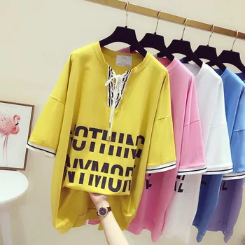 

2019 Korea New Summer Fashion Medium-long V Neck Pullover Top Women Short Sleeve T-shirts Looe Letter Students Tshirts Casual
