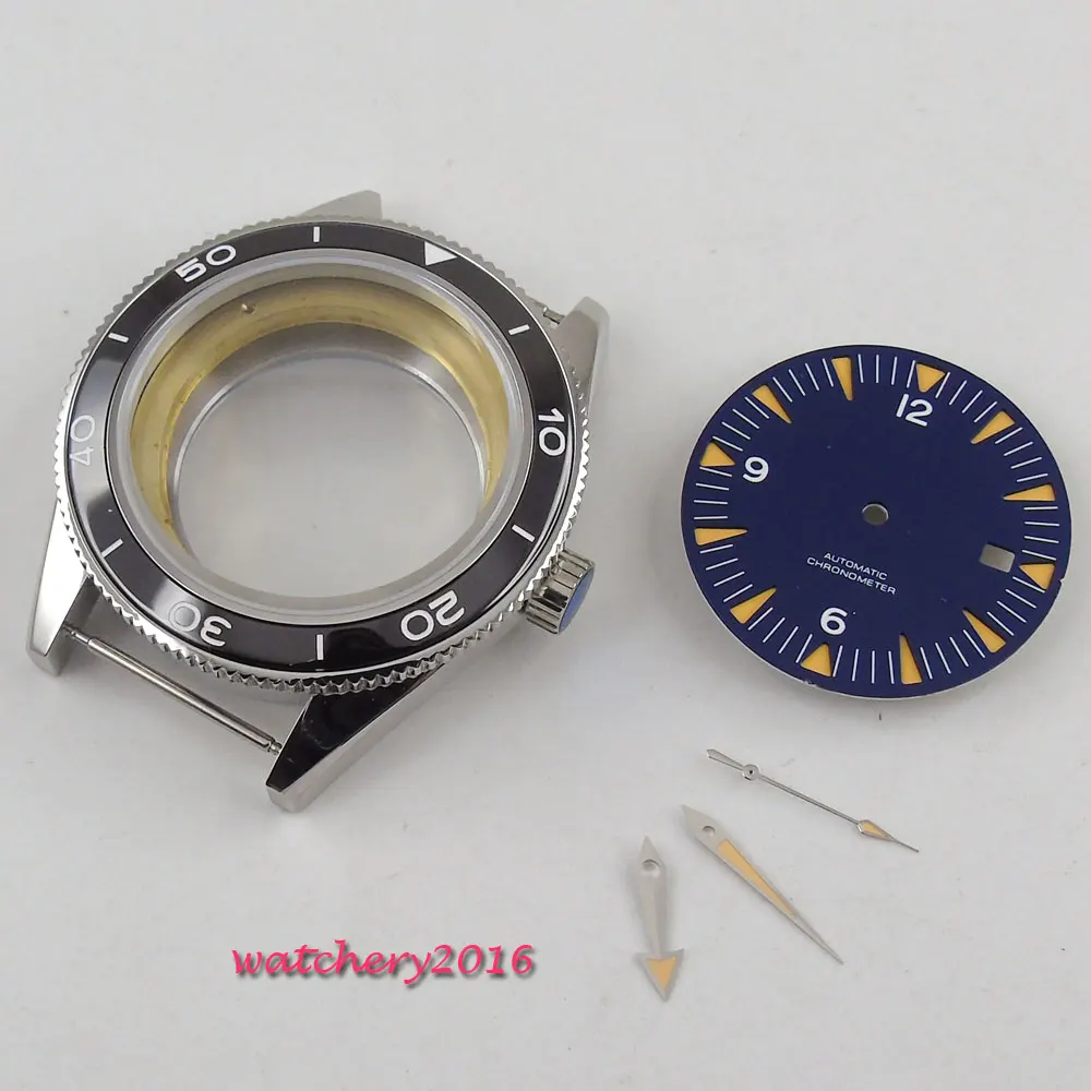 41mm parnis blue Dial + Hands + Watch Case set fit ETA 2824 2836 Movement Sapphire Glass High quality hardened Watch Case