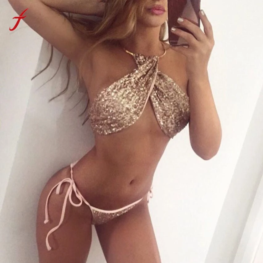 

Feitong Halter Sexy Underwear Beachwear Women Bra And Brief Sets Bandage Bathing Suit Bling Sequin Swimwear Sexy Women Set