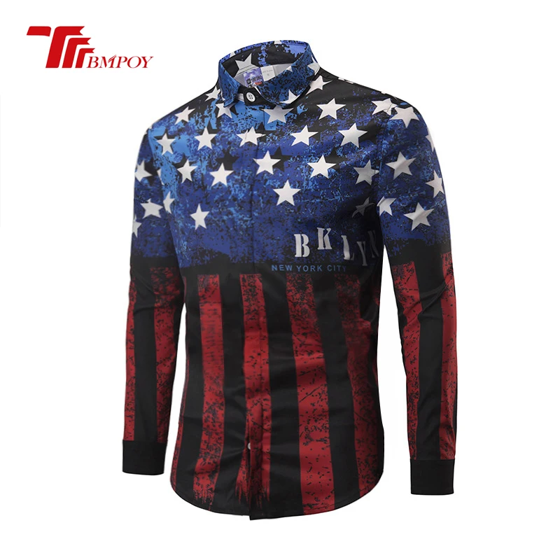  High Quality Men Shirt Long Sleeve Loose fit Star and stripe Print Turn-down Collar camisas Big Size Dress Shirts