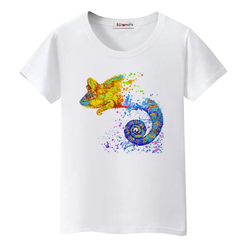 

BGtomato colorful chameleon tshirt beautiful art work painting shirts summer colorful chameleon tops tees casual t-shirt women
