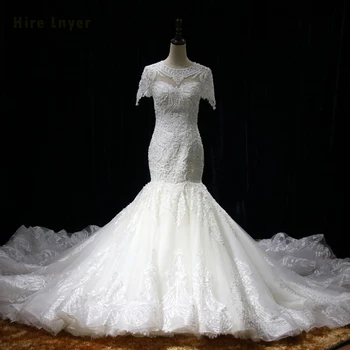 

HIRE LNYER Newest Short Sleeve Bridal Gowns Vestidos De Novia Shiny Beading Pearls Appliques Chapel Train Wedding Dresses