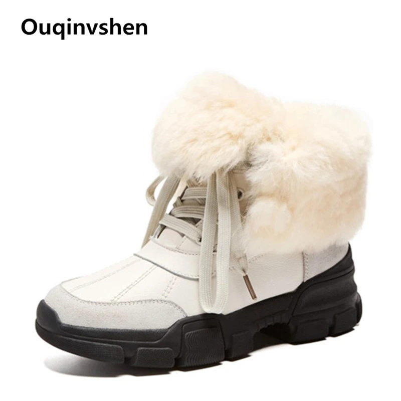 

Ouqinvshen Winter Lace Up Snow Boots Women Genuine Leather Wedge Fur Black Boots Women Fashion Casual Platform Ankle Boots Women