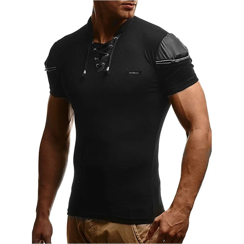 Hombre Sexy hueco en blanco con cuello en V T camisa hombre Patchwork camiseta de cuero hombres Hip Hop Streetwear cremallera Camisetas hombre