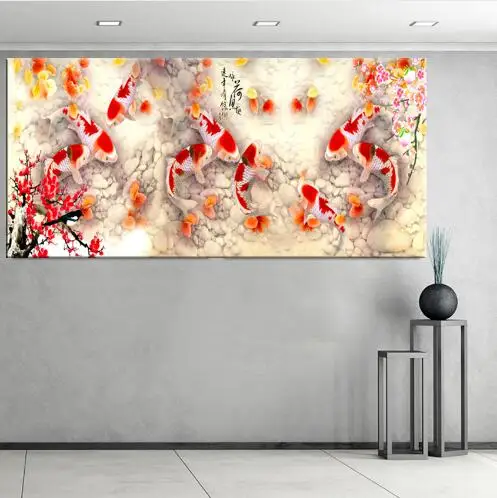 

Print Abstract Nine Fish Lotus Oil Painting on Canvas Poster Wall Art Picture For Living Room Home Decor