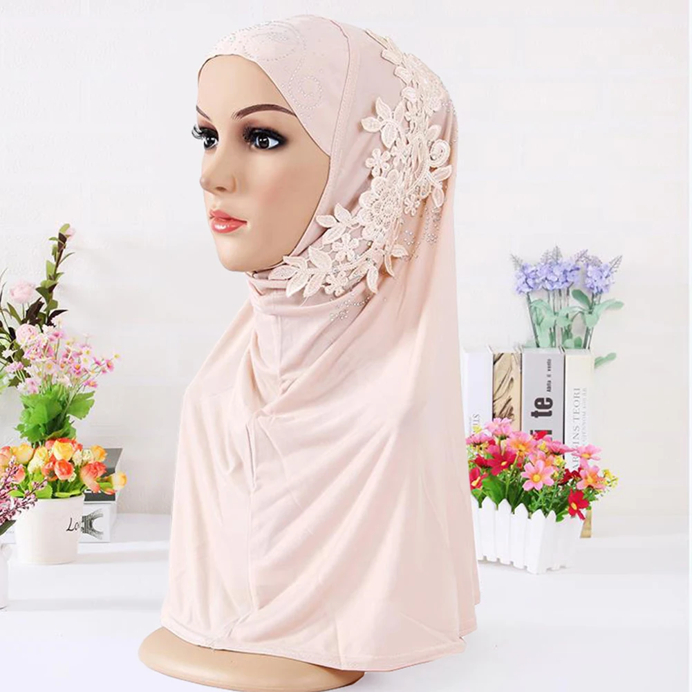 Для женщин скромные Цветочный Принт шарф мусульманский хиджаб, модное кружевное платье с цветочным рисунком Стразы Декор исламское мягкий дышащий хиджаб