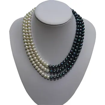 

Classic Three Strand Pearl Necklace,Multistrand Freshwater Pearl Necklace,White Black Mixes Color Real Pearl Jewellery