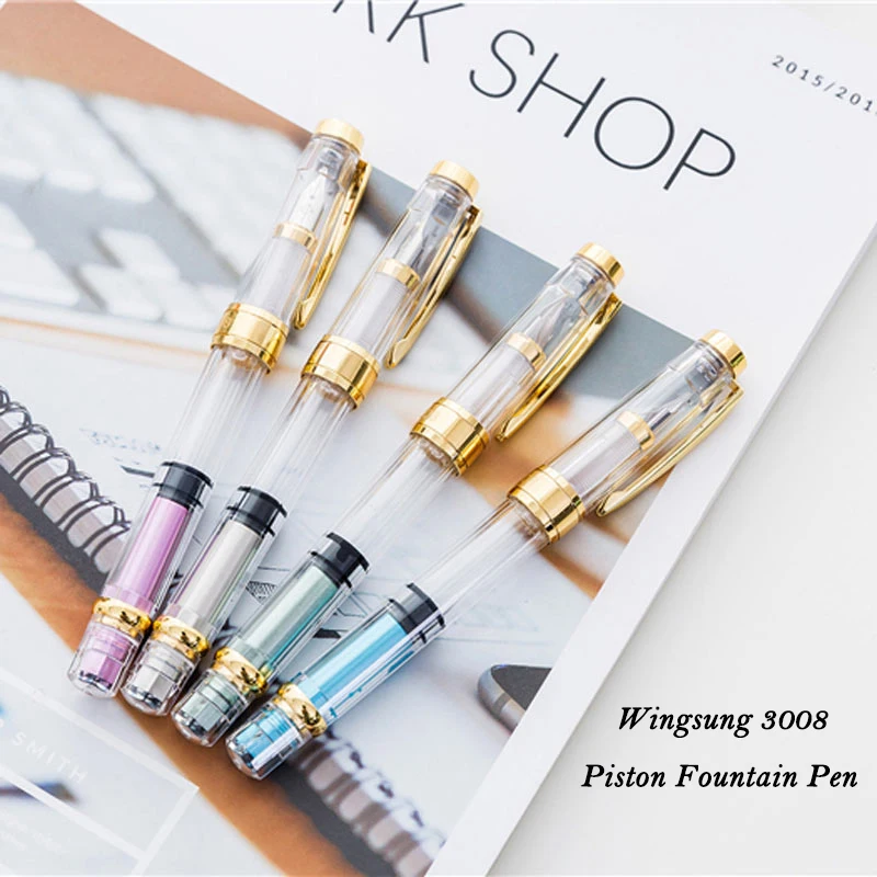 Wing Sung 3008 Transparent Fountain Pen Golden Version Extra Fine Nib 4 Colors