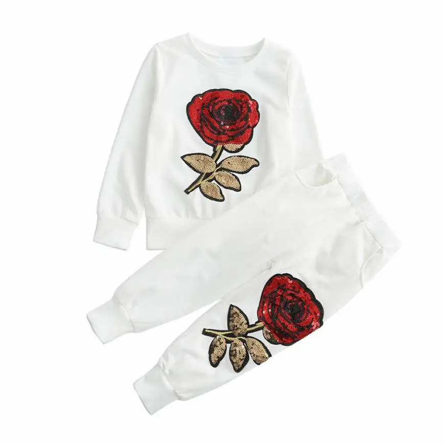 

TELOTUNY Spring and autumn casual set Baby Kids Girls Outfit Clothes Floral Embroidered Sequin T-shirt+Long Pants 1Set Z0829