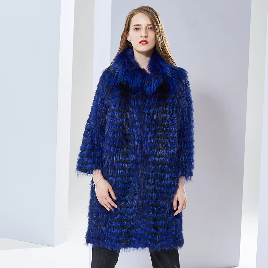 

Real Fur Coats Woman 2018 New dark blue Winter Fox Fur Coat Lady Long Genuine Sliver Fox Fur Jackets Striped Style Female