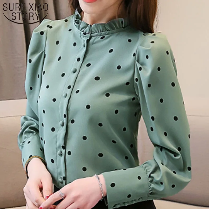 

2019 Spring Fashion Women Standing Collar Dot Pattern Women Blouse and Top Office Lady Long Sleeve Shirts Blouse and Top 3076 50