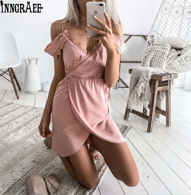 

Lace women backless dresses v neck black sexy strap women dress clothings for ladies mini vestidos NS3853