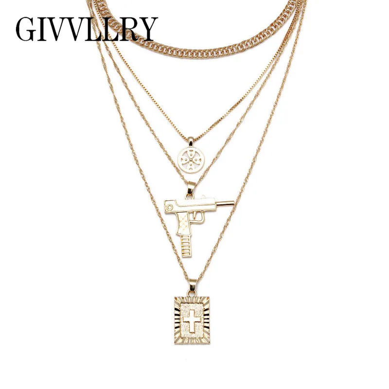 

GIVVLLRY Punk Cross Tag Gun Pendant Necklace for Women Religious Vintage Gold Silver Color Multilayer Chain Necklace New Fashion
