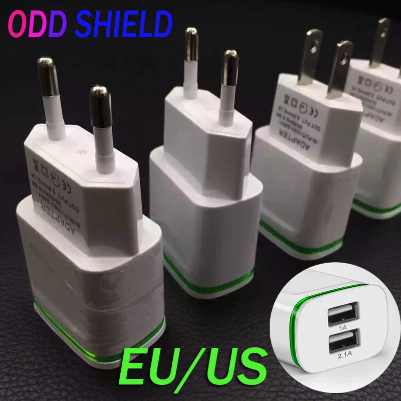 

High Quality 5V 2A EU US Plug LED Light 2 USB Adapter Phone Wall Charger Device Micro Data Charging for iPhone iPad Samsung HTC