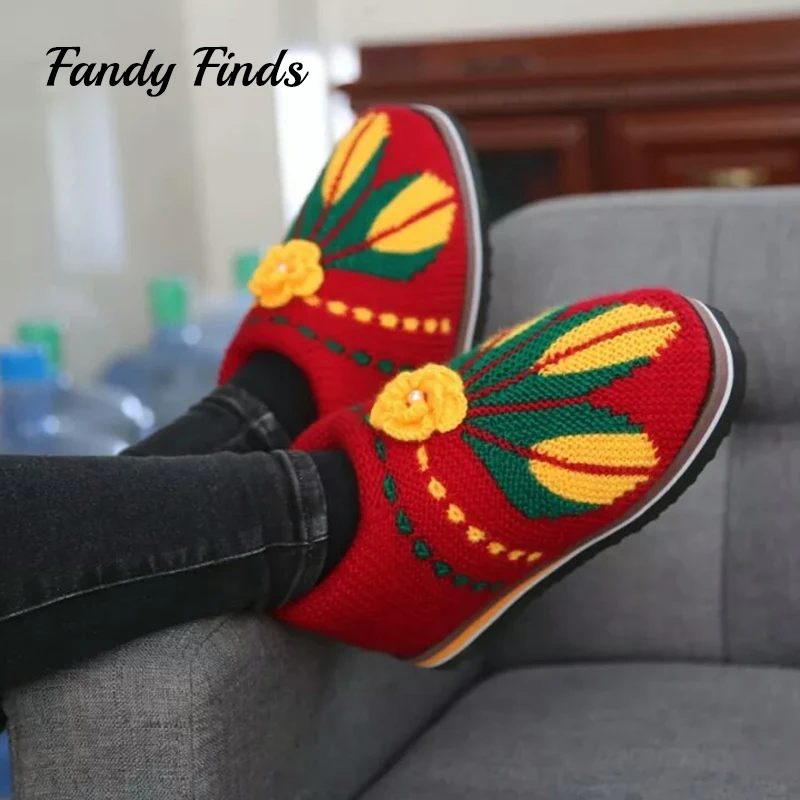 

Fandy Finds Crochet Women Home Slippers Pearl Handmade Heel Cover Winter House Top Quality Warm Ladies House Indoor Slippers