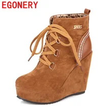 EGONERY chaussures 2017 nouvelle arrivée coins talons cheville bottes femmes noir rouge jaune neige bottes dentelle-up haute qualité bout rond chaussures