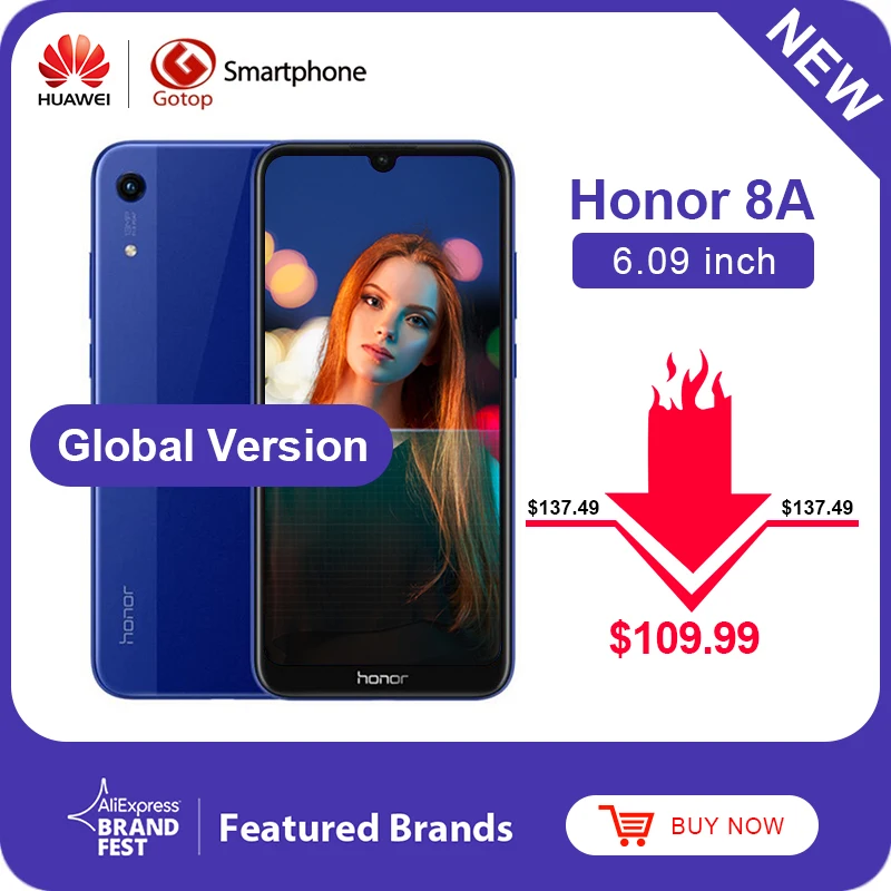 Смартфон Honor 8A Android 9 0 Восьмиядерный 6 09 дюйма полный экран 1560x720 двойная камера