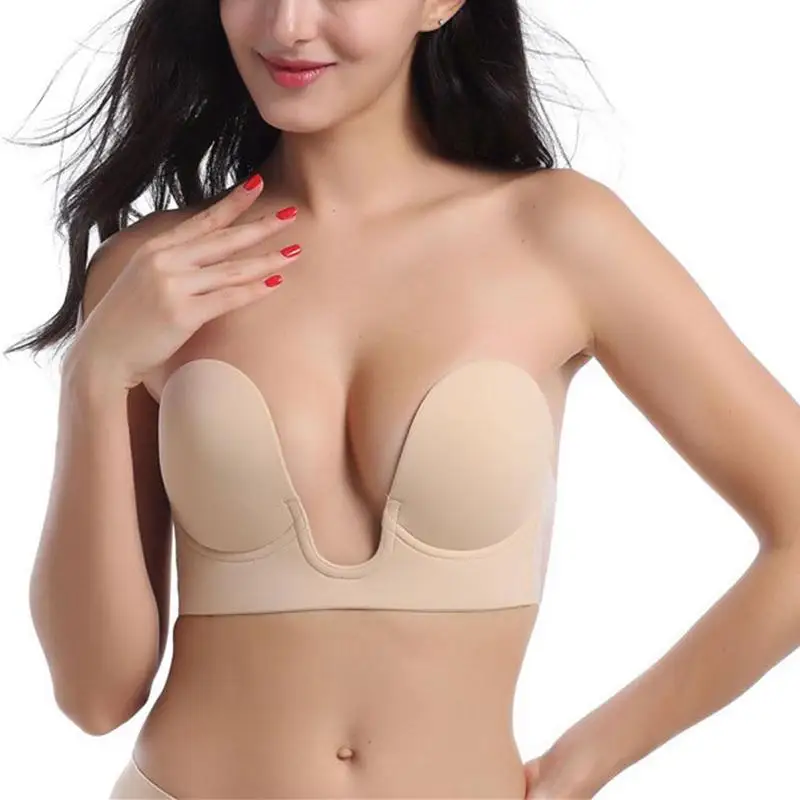 

Women Sexy Backless Plunge Bra Strapless Seamless U Shape Adhesive Silicone Invisible Stick On Push up Wire Free Bra Black Nude
