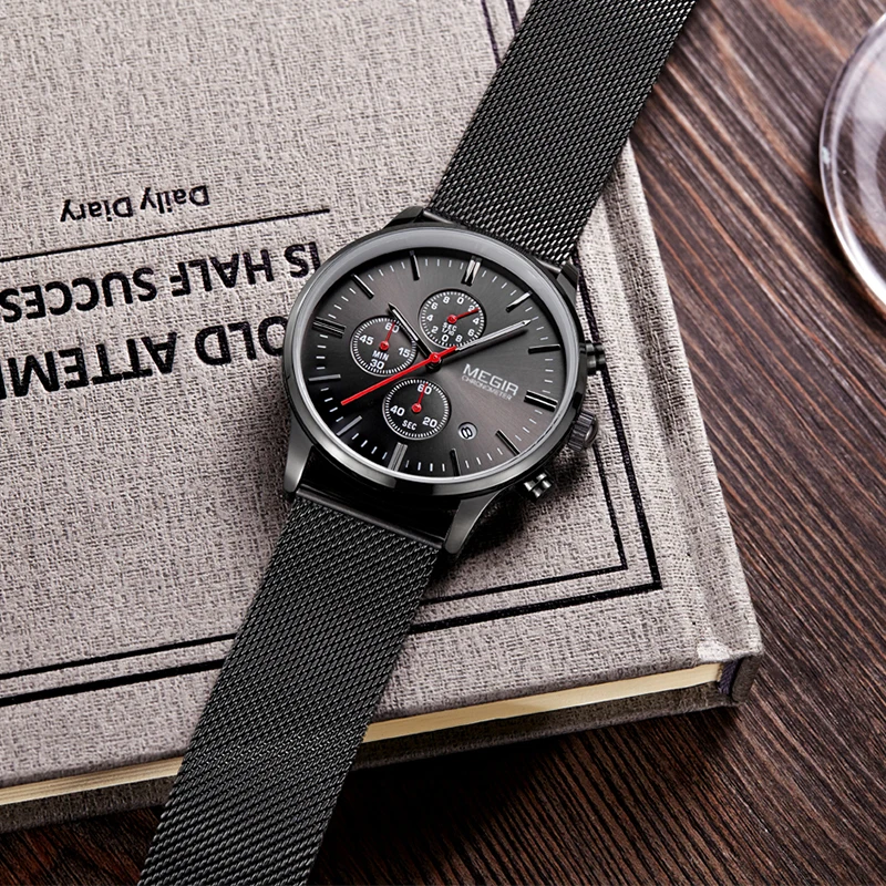 Reloj Hombre 2018 MEGIR Chronograph Stainless Steel Black Silver Gold Watch Waterproof Male Wristwatches