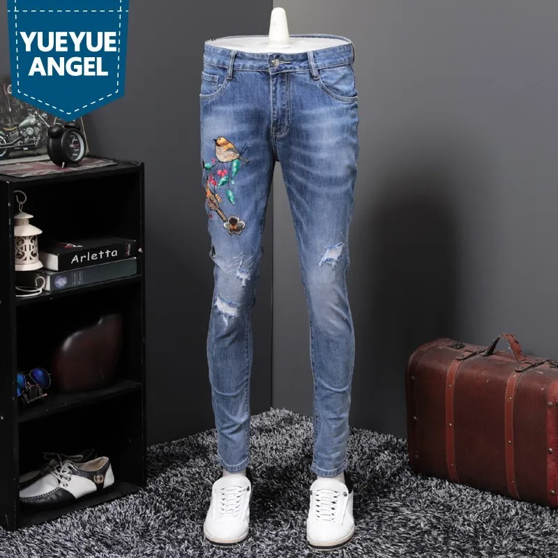 Топ бренд новая вышивка рваные мужские джинсовые узкие брюки Полная Длина Slim Fit индивидуальная Клубная одежда повседневные мужские джинсы
