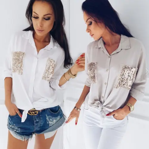 

Autumn Women Sequined Pocket Blouse Long Sleeve 2017 Fashion 2 Colors Top All Match Causal Splicing Sexy Brand Blouse