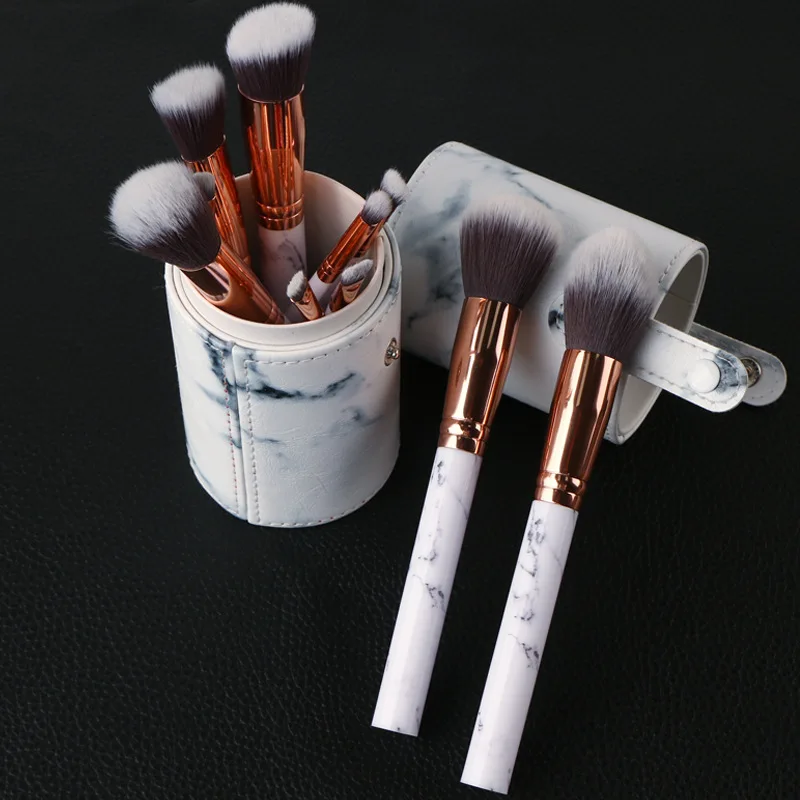 

New Hot Kabuki Style Marble Handle 10pcs Foundation Professional Makeup Brushes Set Blusher Powder Brushes + Marble Tube Box