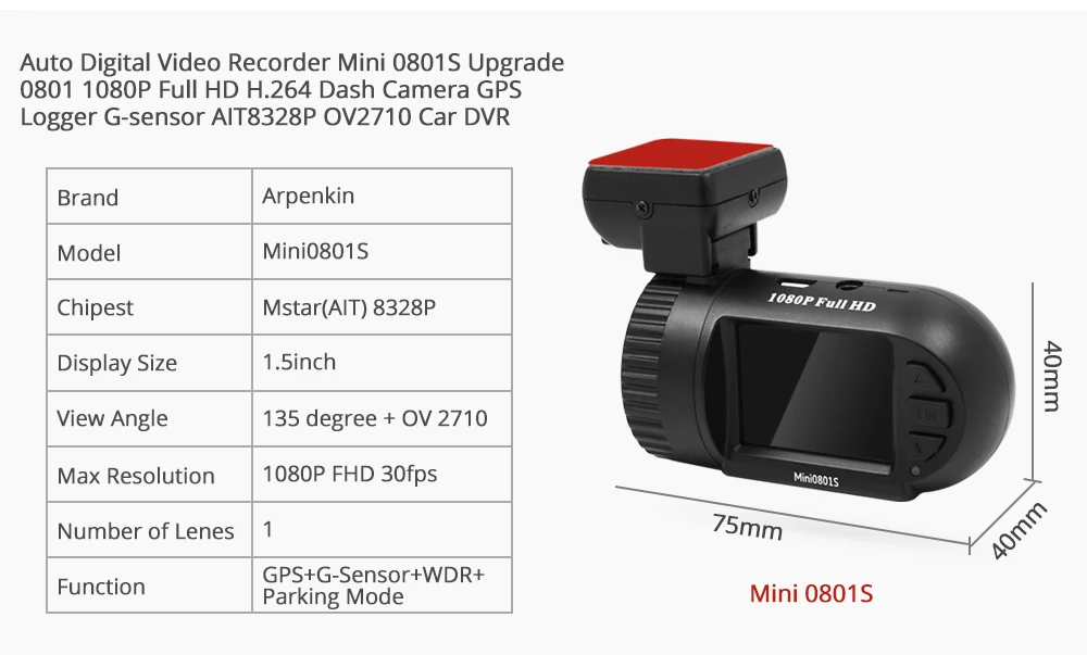 Arpenkin Mini 0801S Автомобильный видеорегистратор 1080P 30fps H.264 WDR Низкое напряжение защита парковки g-сенсор GPS Автомобильный видеорегистратор видео регистратор