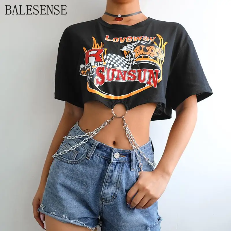 

Korean Punk Short Sleeve Tshirt Women Black Harajuku Cotton T Shirt Ladies Printed Top with Chains Streetwear Summer Clothing