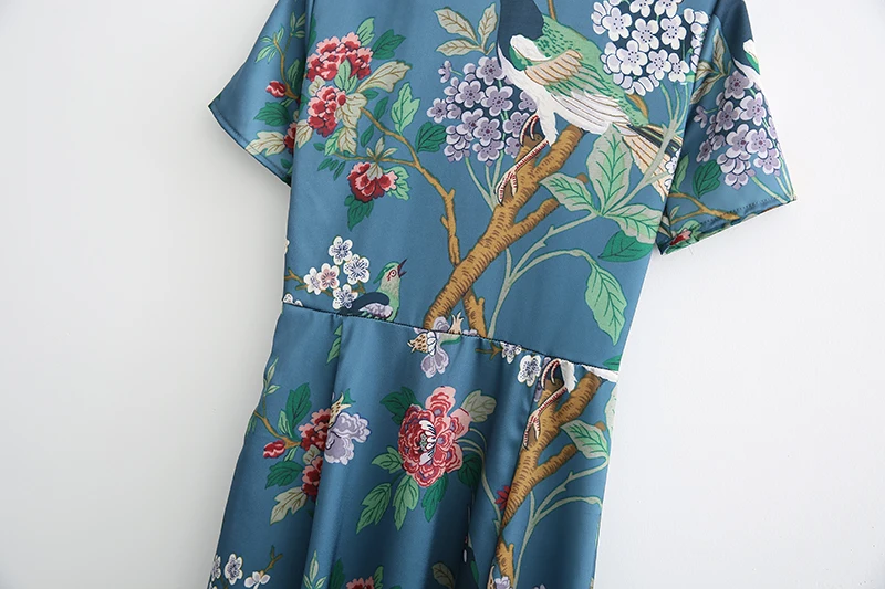 ShejoinSheenjoy Women Vintage Bird Floral Print Maxi Dress V neck Short Sleeve Side Zipper Retro Mid-Calf Casual Ladies Dresses (11)