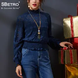 SBetro By Suzanne Betro кружевная прозрачная блузка женская Mockneck длинный шарик рукав Smocked пояс Туника Топы, женские блузки рубашки