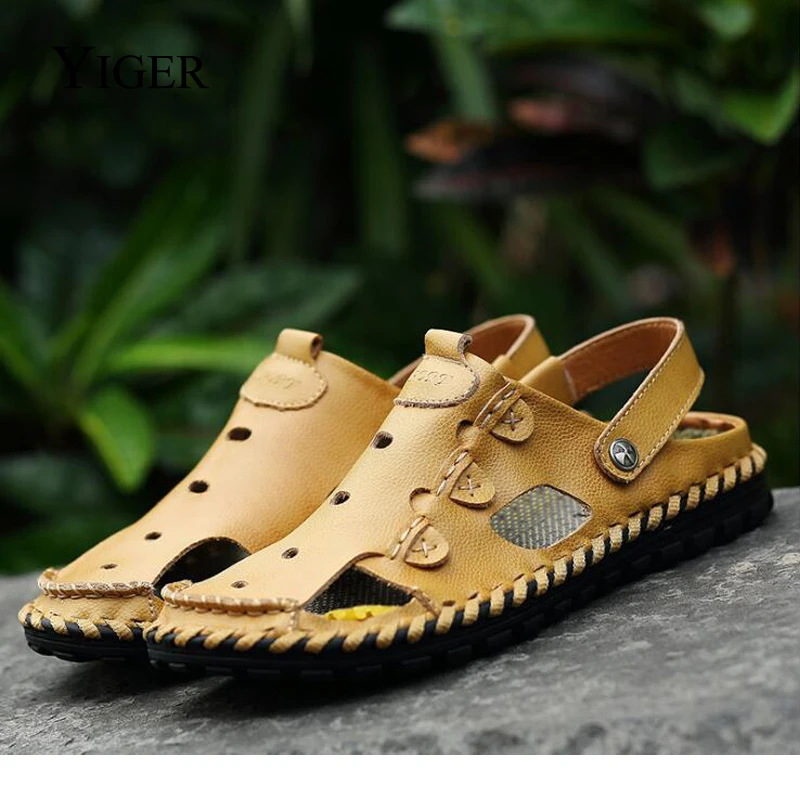 YIGER New Men Sandals Genuine Leather Man Slippers Hole shoes Men Leisure Beach Sandals and Slippers 0081