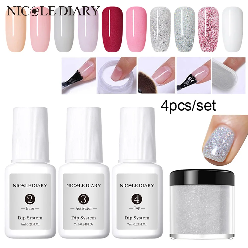 4 قطعة/المجموعة غمس نظام صندوق عناية بالأظافر مسمار الفن غمس مسحوق مع قاعدة المنشط السائل هلام مسمار اللون الطبيعي الجاف دون مصباح مسمار