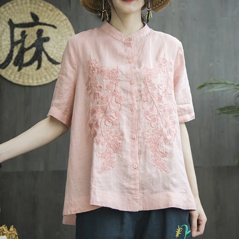 

Women's Chinese Cotton Linen Embroidery Floral Summer Comfy Shirts Blouses Top Women Short Sleeve Shirt