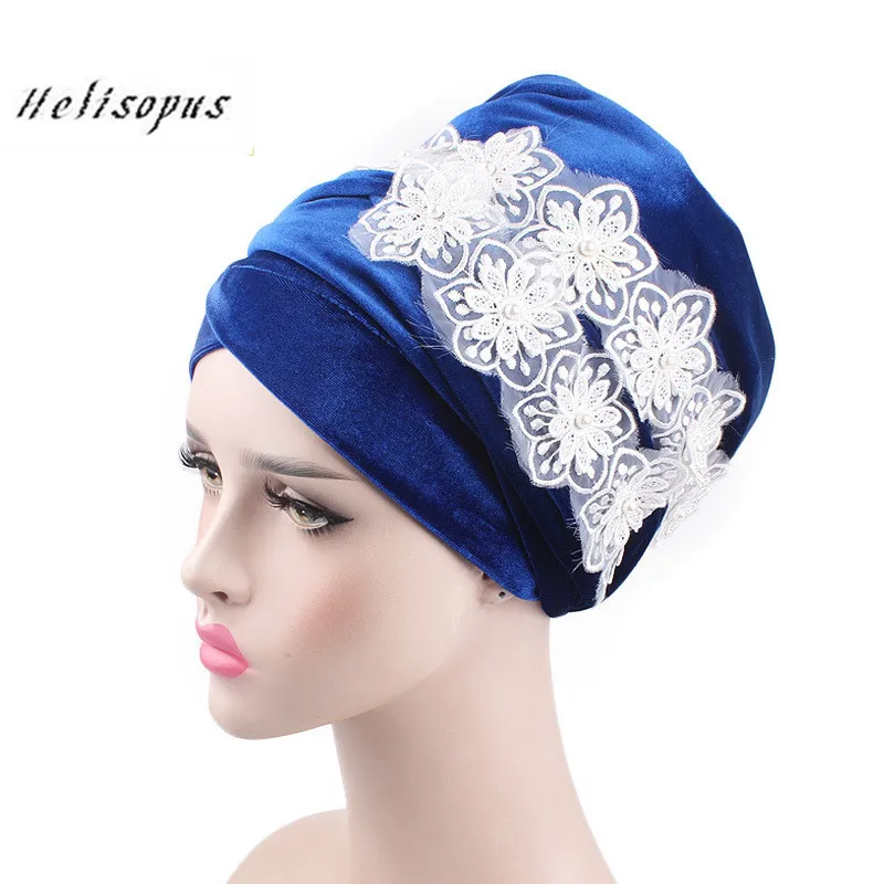 

Helisopus New Fashion Velvet Lace Flower Headscarf for Women Muslim Long Tail Hat 2020 Women Hair Accessories Long Turban