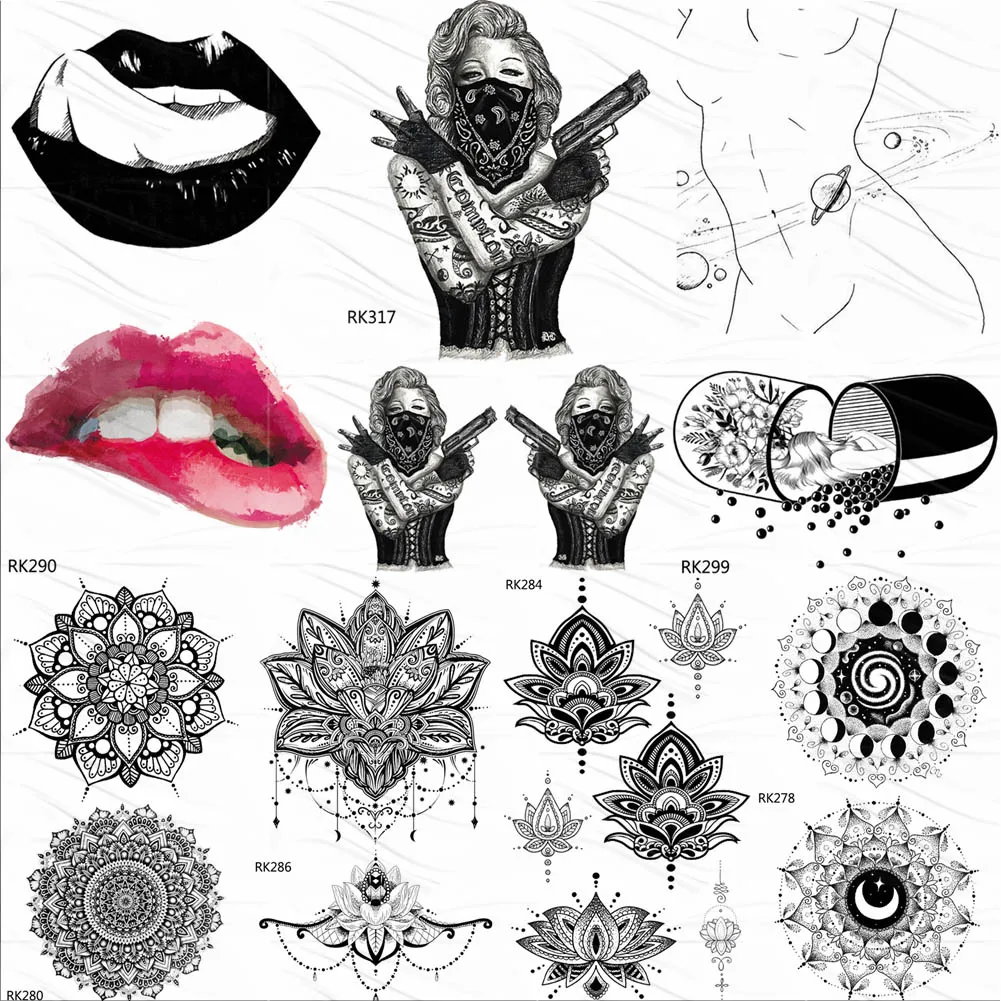 

OMMGO Punk Sexy Girl Tattoos Temporary Sticker Pill Fake Tattoo Sexy Lips Custom Tatoos For Women Men Body Art Black Waterproof