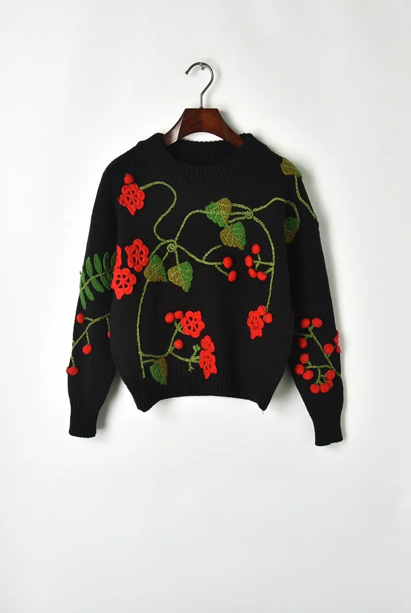 Осень Зима для женщин свитер и пуловеры ручной работы цветок повседневное Женский вязаный свитеры для черный, белы