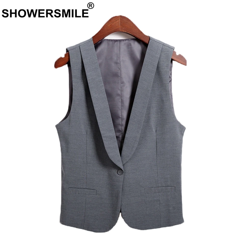 SHOWERSMILE Grey Vest Women Short Fashion Gilet Female V Neck Office Uniform Solid Thin Ladies Spring Summer Sleeveless Jackets