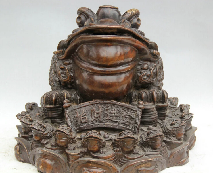 

USPS to USA S2339 14" Chinese Bronze Folk Feng Shui Wealth Golden Toad Spittor Statue sculpture B0401