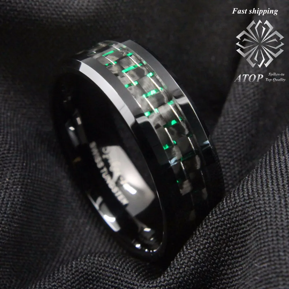 Мужские ювелирные изделия кольцо из вольфрама с углеродного волокна 8 мм черный и зеленый обручальное