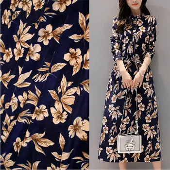 

JaneYU Autumn And Winter New Retro Blue, Big Flower Printed Corduroy Cloth Dress, Robe Shirt, Coat And Pants Fabrics