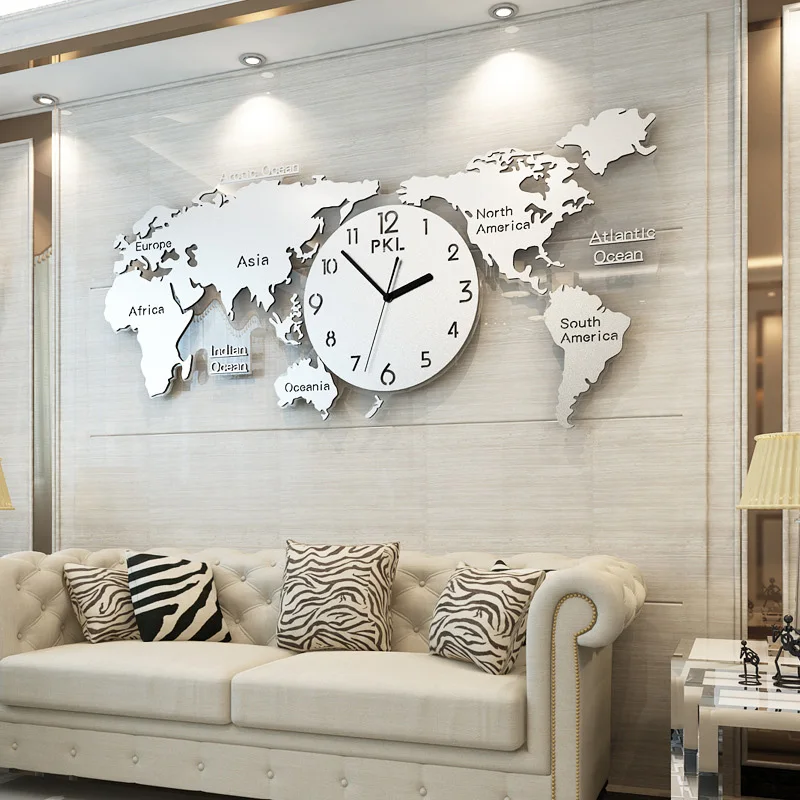 Роскошные Серебристые/Золотые настенные часы с картой мира, большие современные дизайнерские 3D настенные часы, наклейки, бесшумные акриловые часы на стену