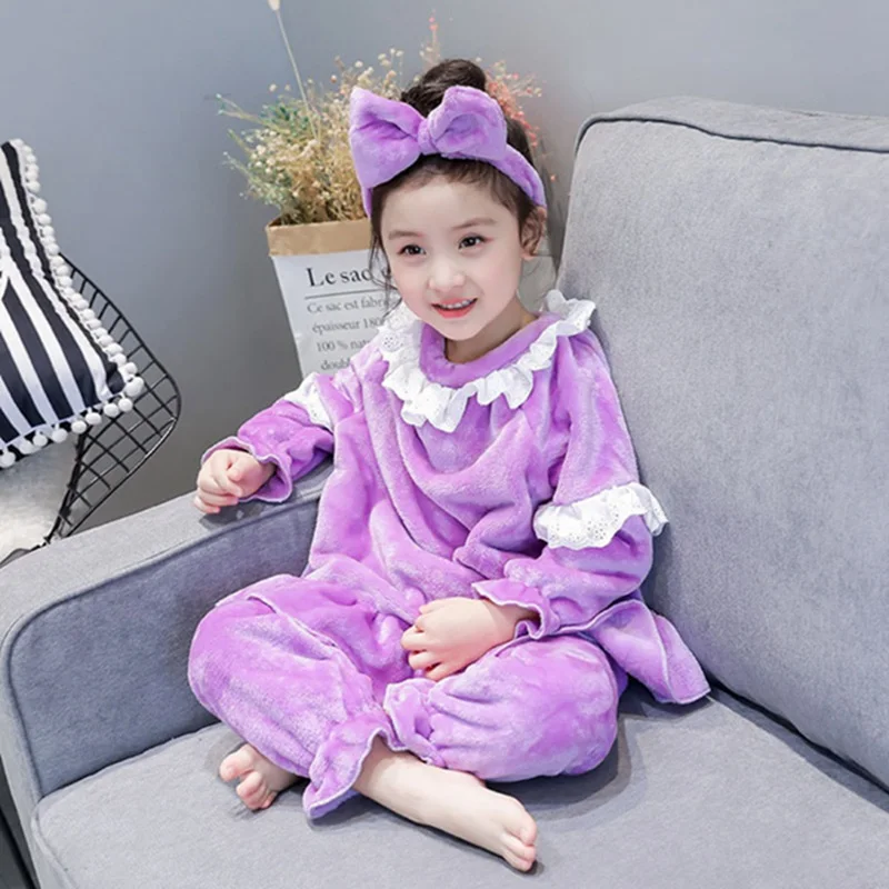 Зимний комплект кружевной пижамы для девочек, милый головной убор с бантом+ длинный рукав фланель, Топы+ штаны, Осенний пижамный комплект для девочек - Цвет: Фиолетовый