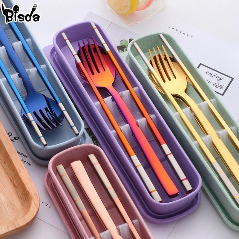 Portable Dinner Set With Box Stainless Steel Chopstick Spoon Fork Set Travel Cutlery Kids For