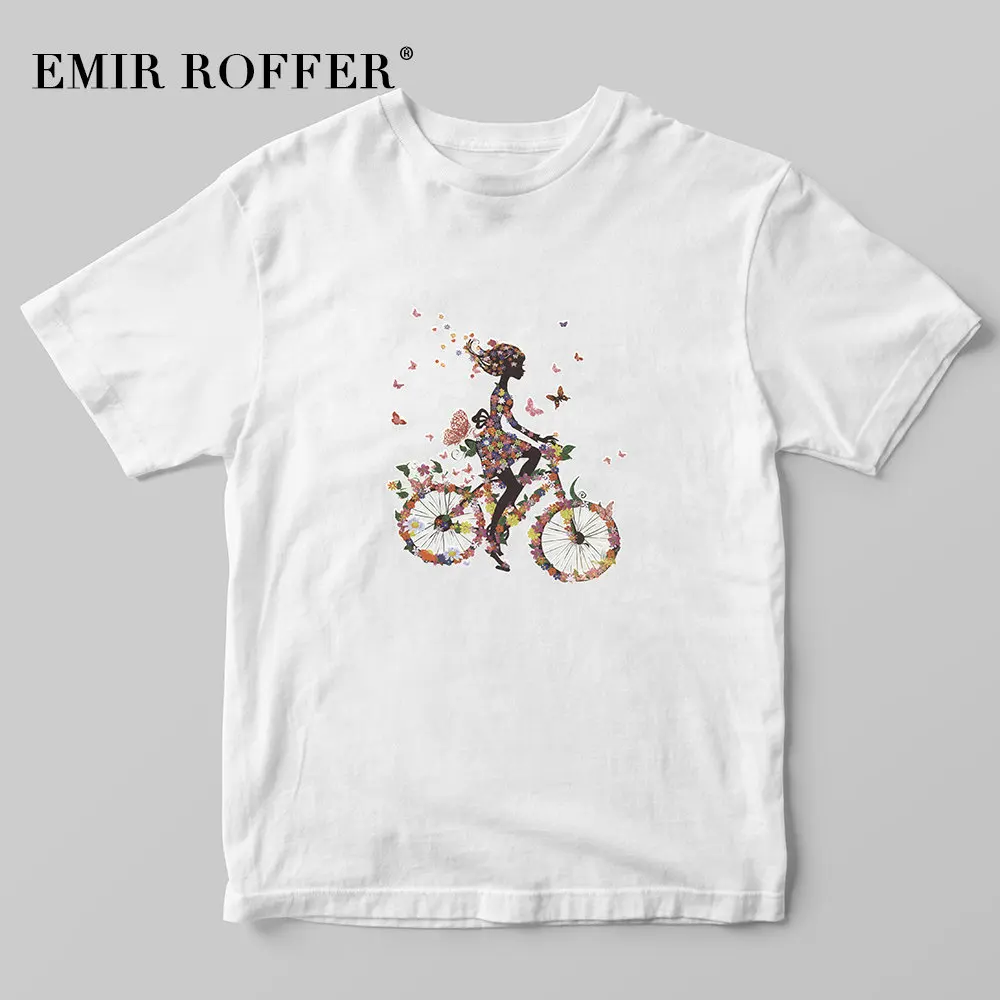 

EMIR ROFFER Flower Bicycle Girl Female Print T-shirt Graphic Tees Women Fashion Kawaii Korean Shirt Cotton White Summer Tops